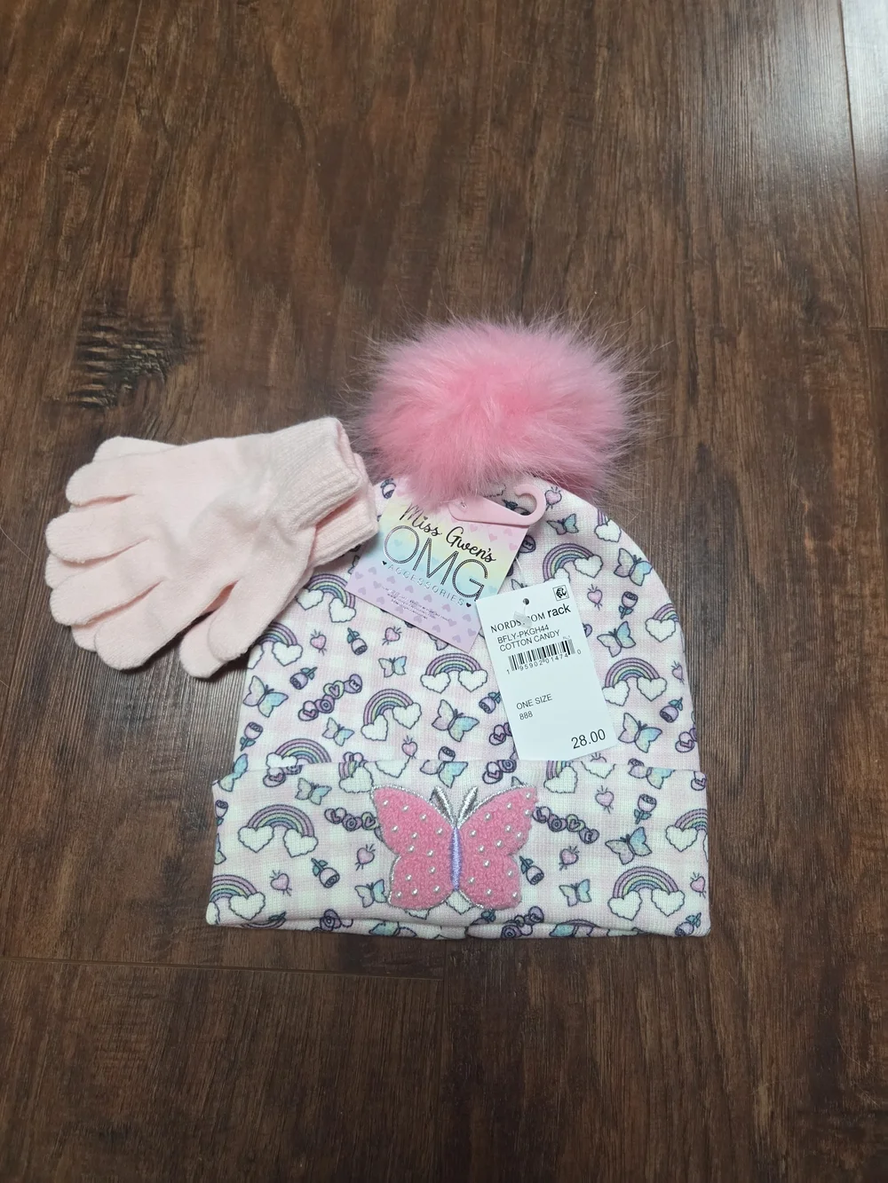 NWT Girls' Pink Butterfly Pom Pom Beanie & Gloves Set . Ages 5-10 Nordstrom Rack